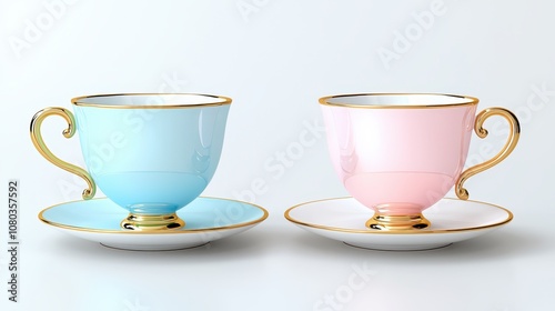 Elegant Blue and Pink Vintage Tea Cups with Gold Accents on White Background for Stylish Table Setting and Sophisticated Dining Experience photo