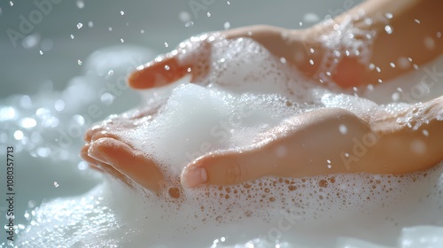 Hands and white soap foam poster background