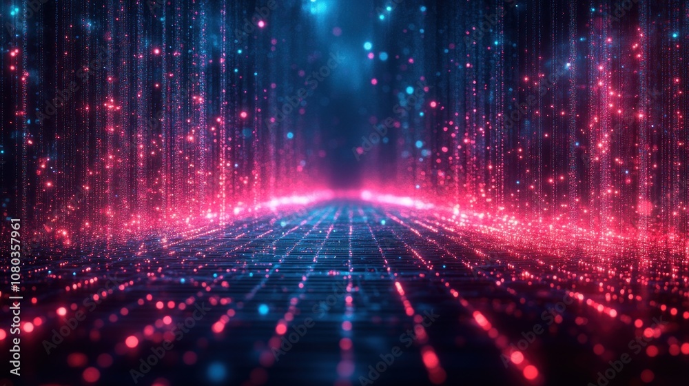 Vibrant digital landscape with glowing lights and grid pattern. Vibrant digital landscape with glowing lights and grid pattern.