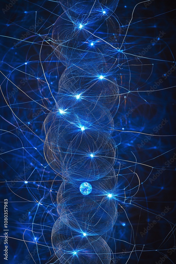 Abstract representation of energy flow and connectivity, showcasing an ethereal world of glowing spheres and intricate lines set against a deep blue background. Abstract representation of energy flow and connectivity, showcasing an ethereal world of glowing spheres and intricate lines set against a deep blue background.