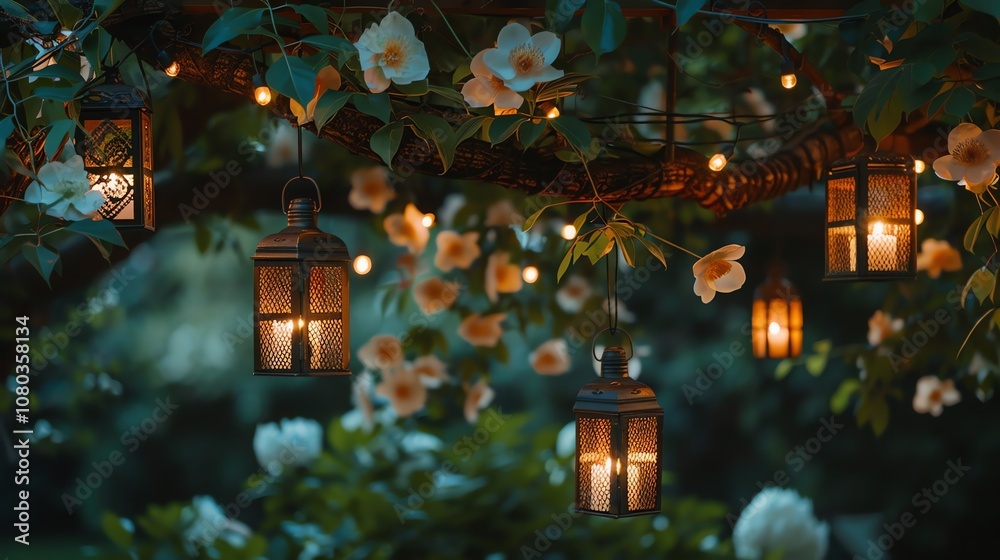 Black metal lanterns with lit candles hang from a tree branch entwined with white flowers and fairy lights. Black metal lanterns with lit candles hang from a tree branch entwined with white flowers and fairy lights.
