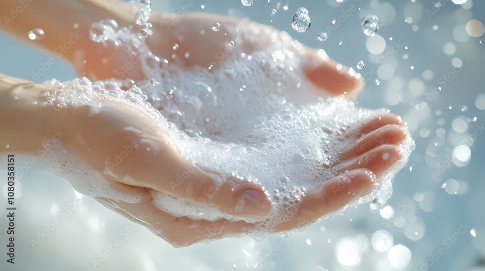 Hands and white soap foam poster background Hands and white soap foam poster background