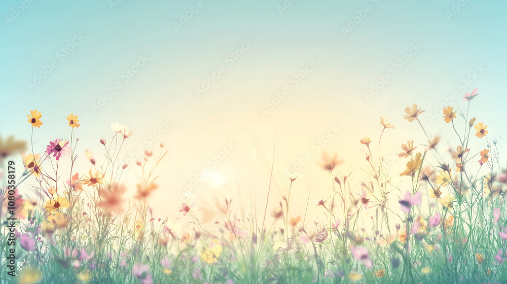 Fototapeta premium vibrant field of wildflowers under clear blue sky, creating serene and peaceful atmosphere. colorful blooms add touch of beauty to landscape