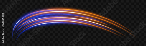 Orange and blue light streaks with a curved beam reflection. Sci-fi designs, light transitions, and futuristic effects. Glowing neon arcs on a transparent background