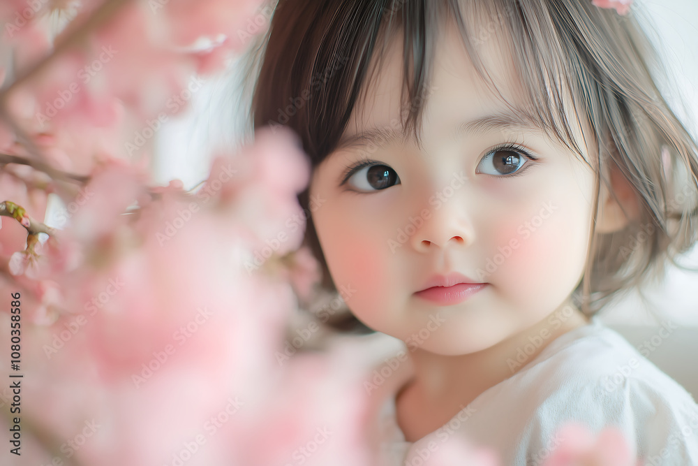 young girl with dark hair gazes softly among pink cherry blossoms, capturing moment of innocence and wonder young girl with dark hair gazes softly among pink cherry blossoms, capturing moment of innocence and wonder