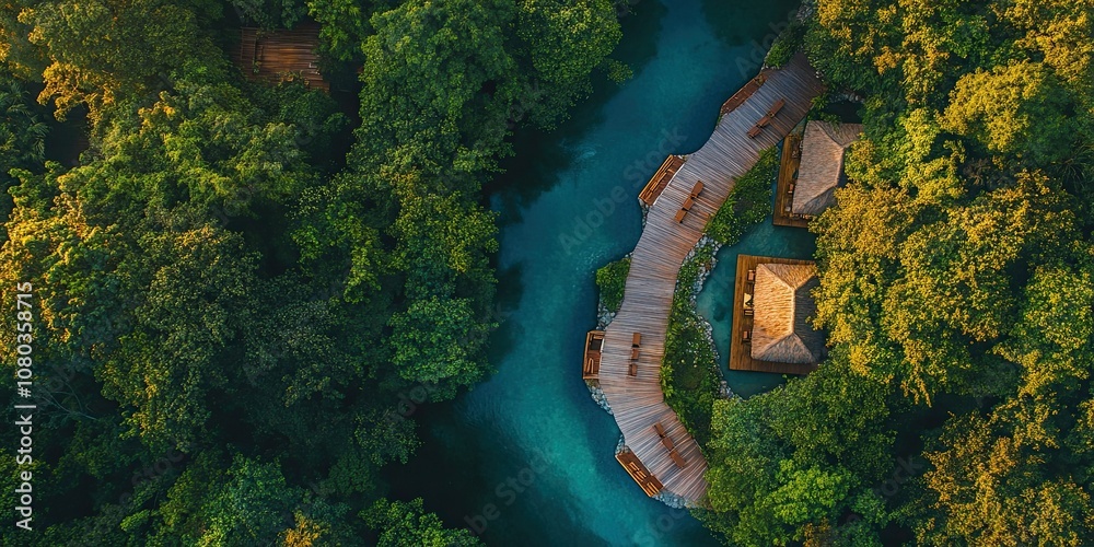 top view tropical rainforest with beautiful curved river, clear water and elegant wooden resort with paving stones in sunset top view tropical rainforest with beautiful curved river, clear water and elegant wooden resort with paving stones in sunset
