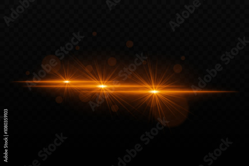 Bright golden neon light with glare and lens flare effects. Three focused light beams with radiant glow and bokeh particles on a dark background