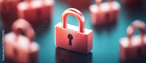 Isolated digital padlock symbol surrounded by multiple locks, representing security and protection. image conveys sense of safety and confidentiality in digital environment