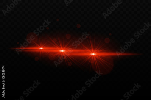 Bright red neon light with glare and lens flare effects. Three focused light beams with radiant glow and bokeh particles on a dark background