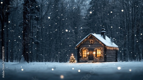 Experience the warmth of a cozy wooden house adorned with twinkling lights surrounded by a winter wonderland