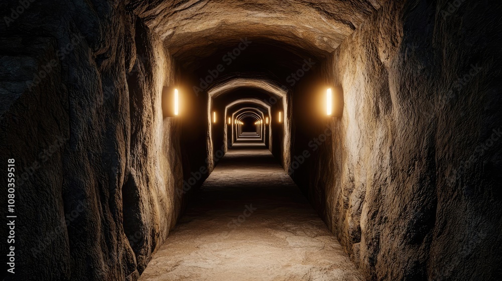 Fototapeta premium Underground tunnel with illuminated arches and stone walls.