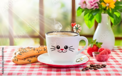 Coffee in the cup with coffee beans in the cafe hot coffee shop espresso made by barista