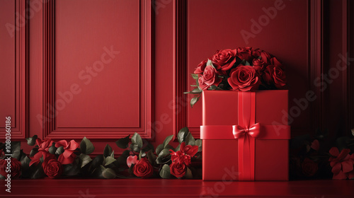 Red background for valentines day, gift and roses photo