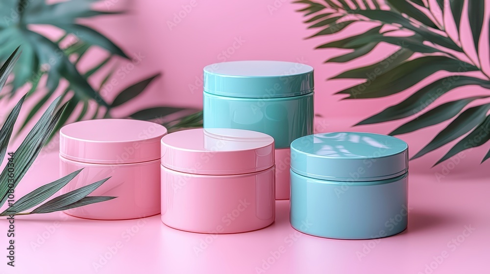 Elegant Arrangement of Colorful Cosmetic Jars on Pink Background Surrounded by Fresh Tropical Leaves for Beauty and Skincare Themes Elegant Arrangement of Colorful Cosmetic Jars on Pink Background Surrounded by Fresh Tropical Leaves for Beauty and Skincare Themes
