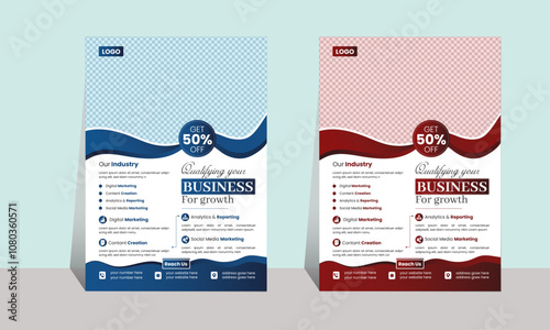modern and corporate business flyer design template with multiple color A4 size blue and red brochure design with gradient , marketing, presentation vector file 
