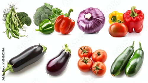 A collection of fresh vegetables arranged on a white background.