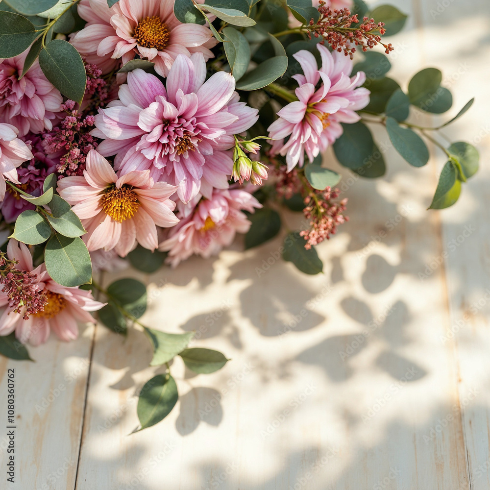 Concept photo of flower bouquet on light wooden table with space for text Concept photo of flower bouquet on light wooden table with space for text