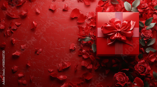 Red background with roses and one gift for valentines day photo