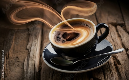 Coffee in the cup with coffee beans in the cafe hot coffee shop espresso made by barista