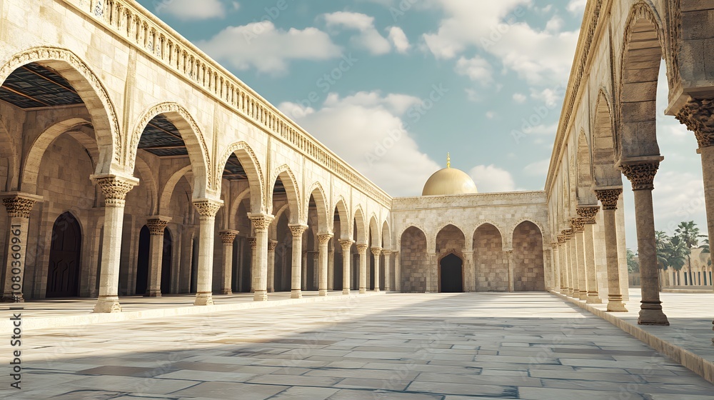 Fototapeta premium A serene courtyard featuring arches and a domed structure under a clear sky.
