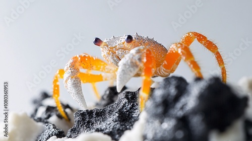 Expressive Close-Up of an otherworldly Crab: Showcasing intricate details and vibrant colors of this unique crustacean in its natural habitat. photo