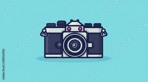 A cartoon illustration of a camera on a blue background.