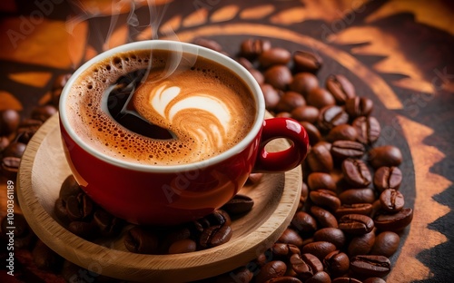 Coffee in the cup with coffee beans in the cafe hot coffee shop espresso made by barista