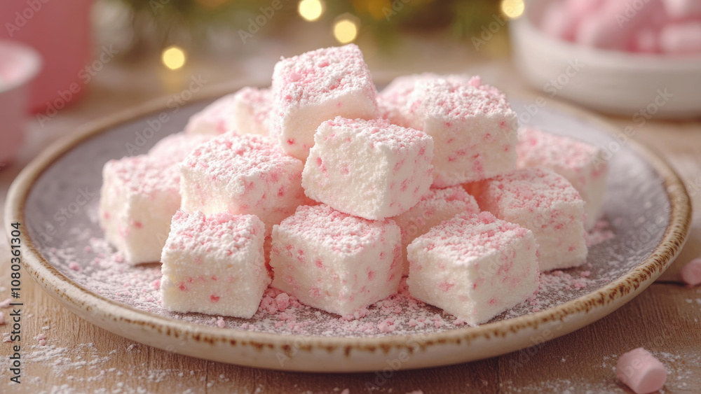 Colorful Marshmallow Cubes Dusted with Powdered Sugar on Wooden Board