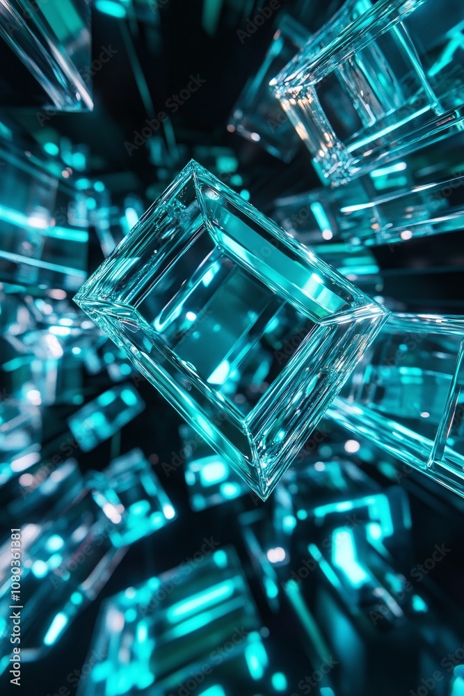 Dynamic Abstract Composition of Transparent Rectangular Glass Blocks Illuminated with Vibrant Turquoise Light Against a Dark Background Dynamic Abstract Composition of Transparent Rectangular Glass Blocks Illuminated with Vibrant Turquoise Light Against a Dark Background