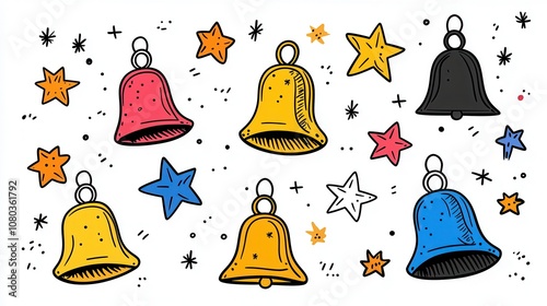 Colorful Hand-Drawn Bells and Stars Pattern for Festive and Decorative Uses in Background Designs, Celebrations, or Creative Projects