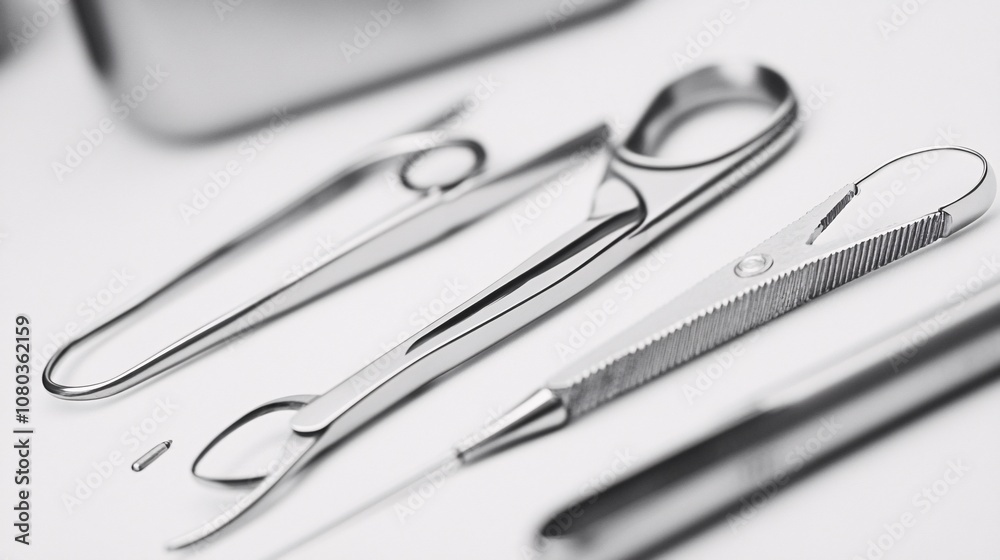 Close-up of precision surgical instruments on a sterile surface, embodying the essence of medical care and technological advancement in healthcare. Close-up of precision surgical instruments on a sterile surface, embodying the essence of medical care and technological advancement in healthcare.
