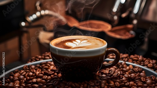 Coffee in the cup with coffee beans in the cafe hot coffee shop espresso made by barista