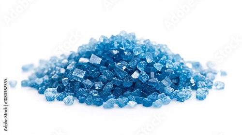 A Pile of Sparkling Blue Sugar Crystals on a White Background