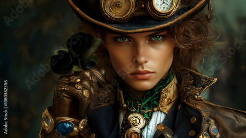 steampunk inspired portrait featuring woman with green eyes, wearing hat with goggles and holding black roses. intricate outfit showcases vintage elements and mysterious aura photo