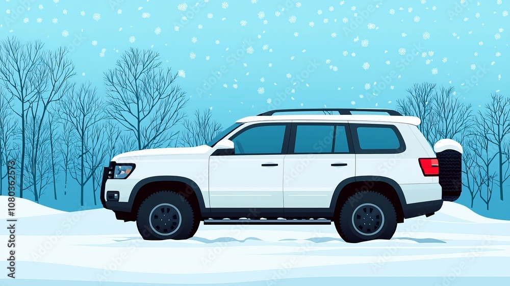 A white SUV parked in a snowy landscape, showcasing winter's beauty and the functionality of off-road vehicles. A white SUV parked in a snowy landscape, showcasing winter's beauty and the functionality of off-road vehicles.