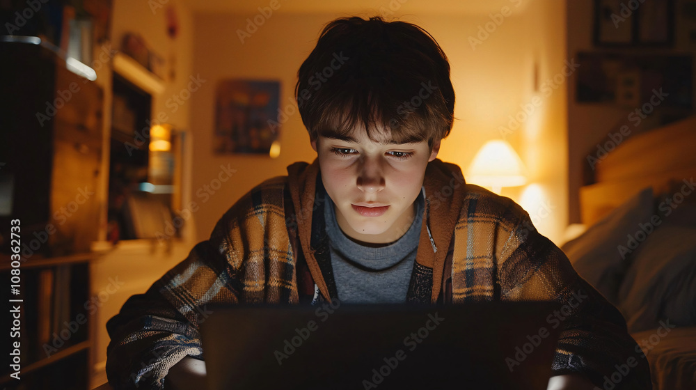 Young adult focused on laptop in cozy bedroom, illuminated by warm light. atmosphere conveys concentration and engagement with technology Young adult focused on laptop in cozy bedroom, illuminated by warm light. atmosphere conveys concentration and engagement with technology