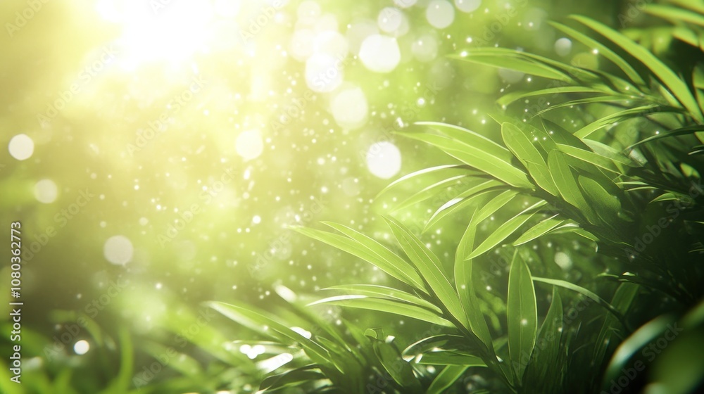Lush green foliage illuminated by soft sunlight and gentle water droplets.