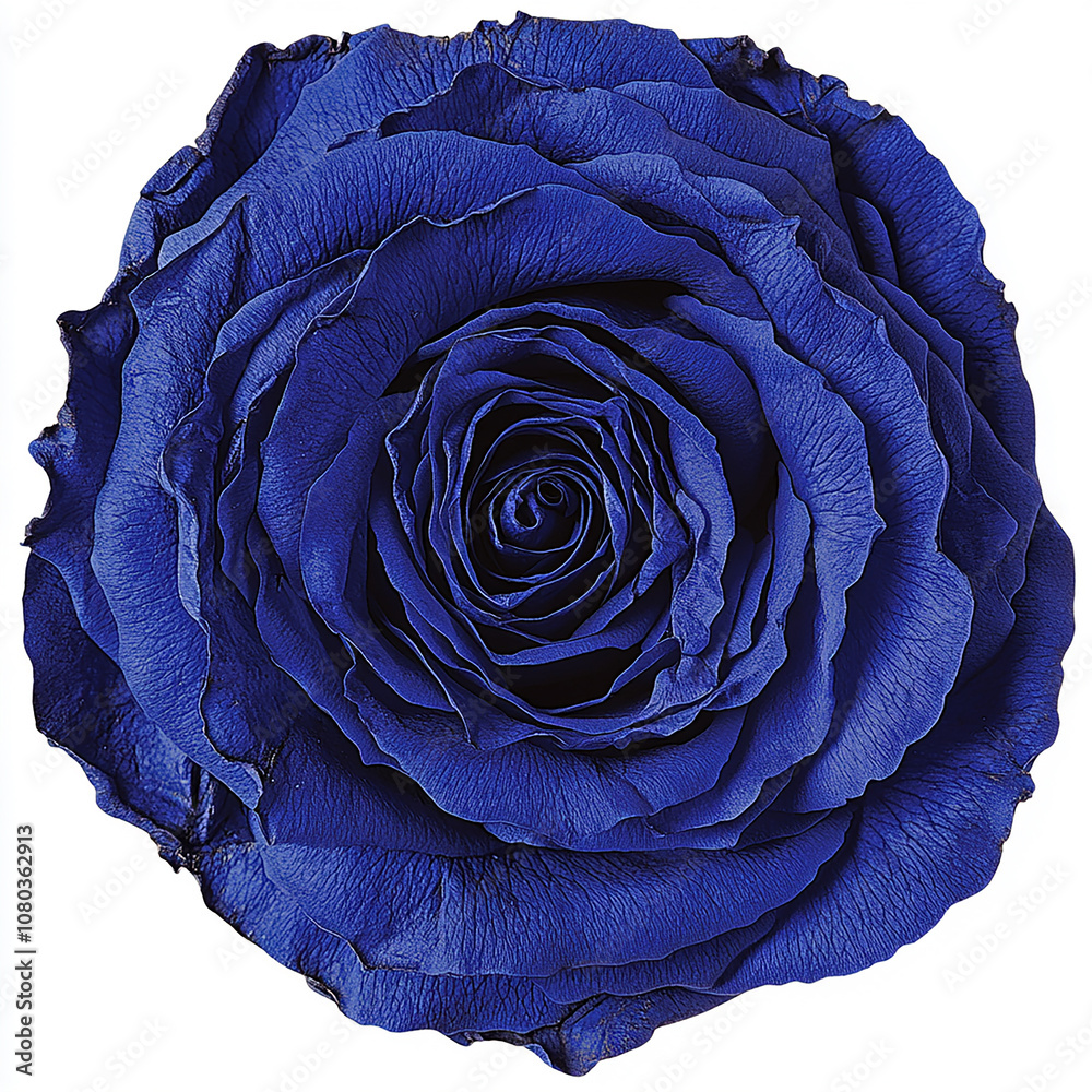 Fototapeta premium A single, preserved blue rose, photographed from above, against a white background.