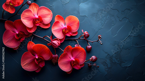 Red orchid flower on black copy space background
