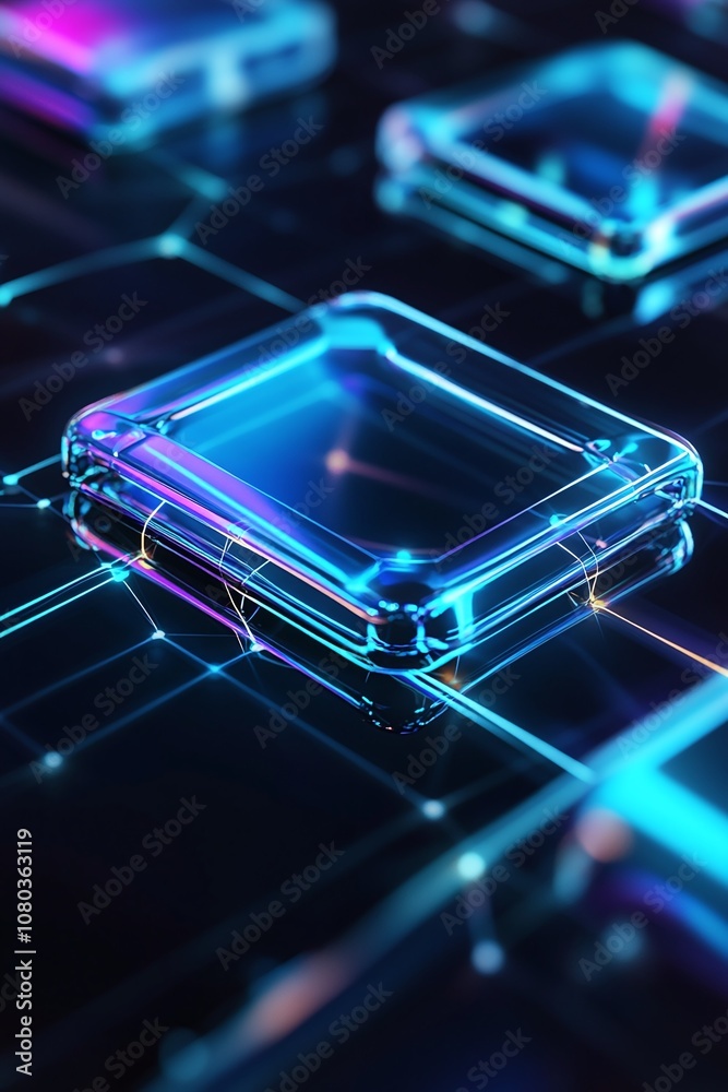Futuristic Abstract Image of Neon Colored Transparent Cubes on a Dark Background Representing Technology and Digital Innovation with Bright Lights and Geometric Patterns Futuristic Abstract Image of Neon Colored Transparent Cubes on a Dark Background Representing Technology and Digital Innovation with Bright Lights and Geometric Patterns