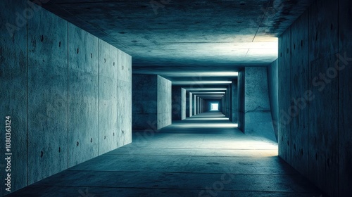 Abstract perspective of a modern concrete corridor with illuminated walls.