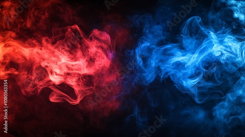 A vibrant abstract representation of red and blue smoke swirling against a dark background.