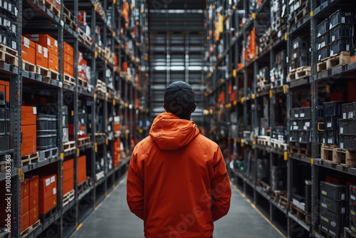 A person in an orange jacket stands in warehouse, surrounded by shelves filled with various items, creating sense of exploration and curiosity