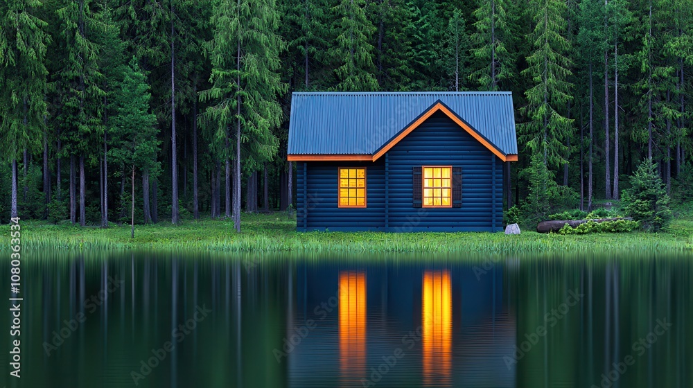 Tranquil Blue Cabin by Serene Lake Surrounded by Lush Green Forests at Sunset with Warm Light from Windows Reflecting on Water Surface Tranquil Blue Cabin by Serene Lake Surrounded by Lush Green Forests at Sunset with Warm Light from Windows Reflecting on Water Surface
