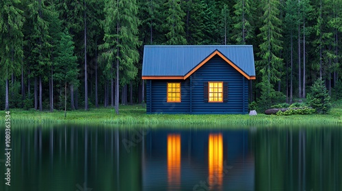 Tranquil Blue Cabin by Serene Lake Surrounded by Lush Green Forests at Sunset with Warm Light from Windows Reflecting on Water Surface