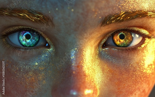 The eyes of a woman are shown in a blue and green color