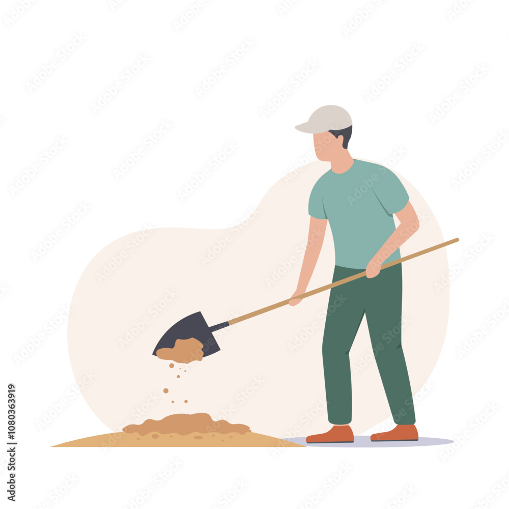 A man is digging with a shovel. The graphic style is flat. The background is light. Concept of work. Vector illustration