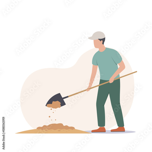 A man is digging with a shovel. The graphic style is flat. The background is light. Concept of work. Vector illustration