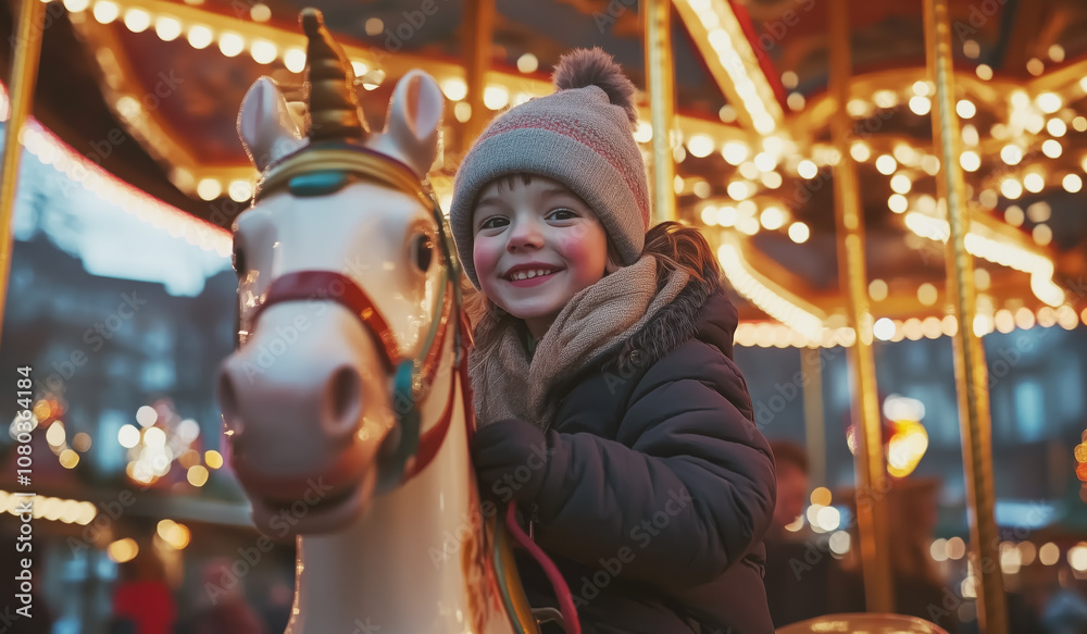 Happy little girl smiling at camera while riding carousel horse under evening lights of Christmas market in Europe. Blurred lights, market stalls create festive, warm atmosphere in background. Happy little girl smiling at camera while riding carousel horse under evening lights of Christmas market in Europe. Blurred lights, market stalls create festive, warm atmosphere in background.