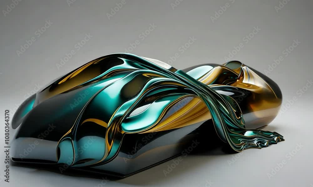 a colorful and abstract design in a glass casket, in the style of fluid blending forms, smooth surface, rendered in cinema4d, flowing draperies, black and gold, focus stacking, sleek metallic finish